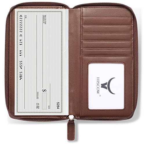 Image of HISCOW Leather Checkbook Cover, Zippered Wallet with Card Slots, Brown | Full grain cowhide, 5cc & ID window, personal check book & register pockets, removable duplicate divider, women secure zipper