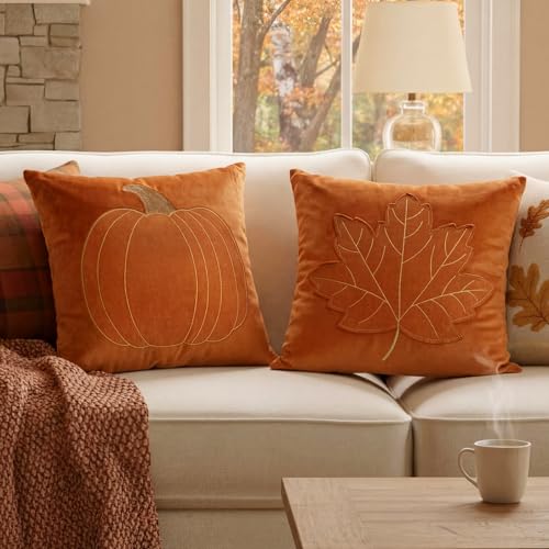 Preboun Embroidered Pumpkin Velvet Pillow Covers