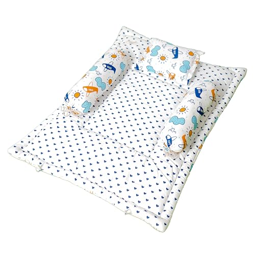 Image of NWF 100% Cotton Baby Bedding Set - Mattress & Soft Daytime Bedding for Infants (0-24 Months) | 4-Piece Set, 26 inchx40 inch | Blue Plane Cloud Design