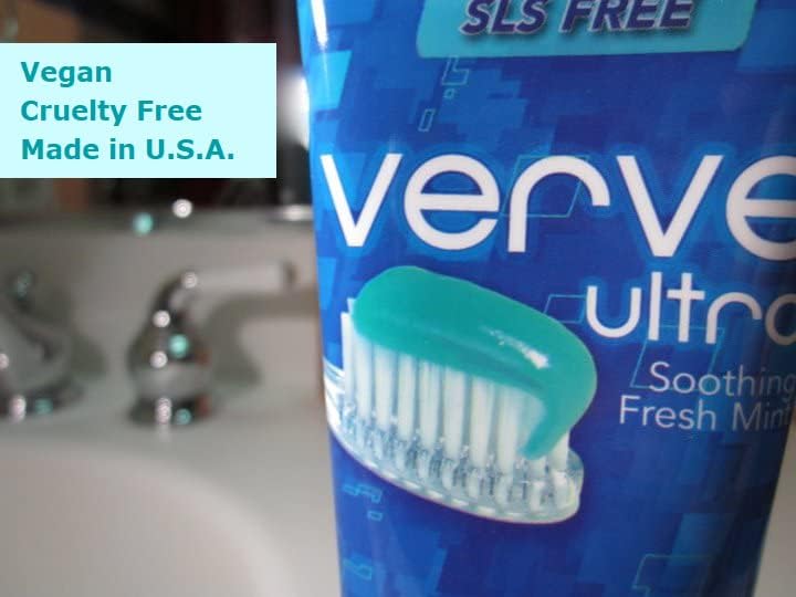 Close-up of Verve Ultra toothpaste tube, text 'Vegan Cruelty Free Made in U.S.A.'