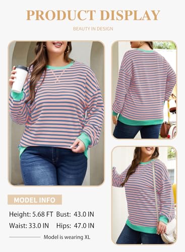 Image of Eytino Women Plus Size Striped Color Block Crewneck Sweatshirt(1X-5X)