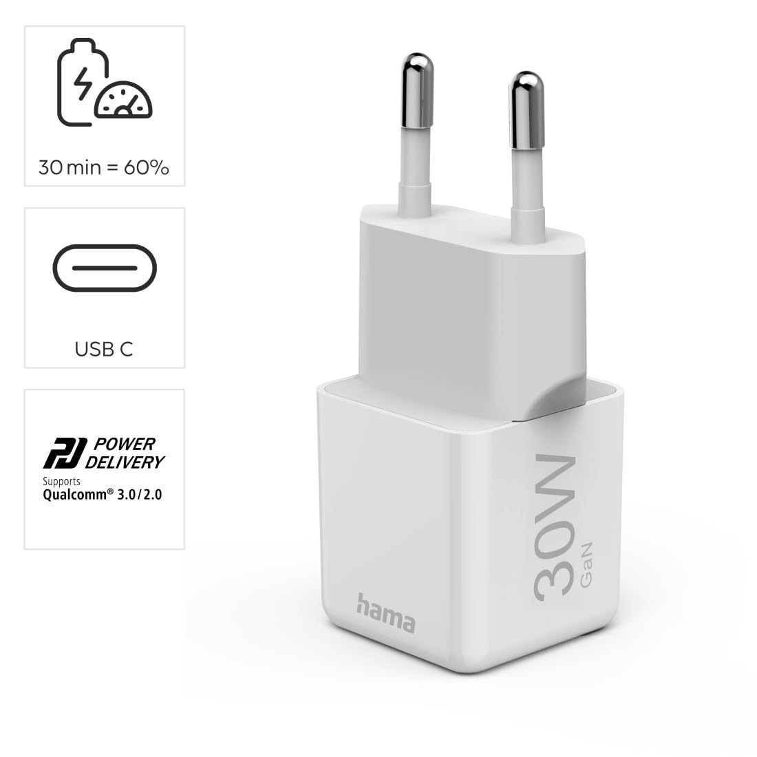 Hama Ładowarka sieciowa 30 W mini 1x USB C (kompaktowa, szybka, do ładowania telefonu, Quick Charge, Power Delivery, mała, szybkie ładowanie) biała