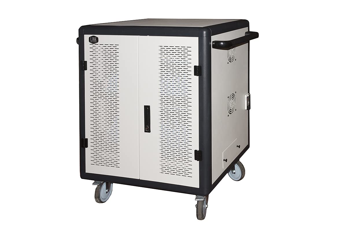 LINK Armario con 40 tabletas con Ruedas, multienchufes, Ventiladores de refrigeración y Puerta de Acero Perforado, Color Gris y Negro