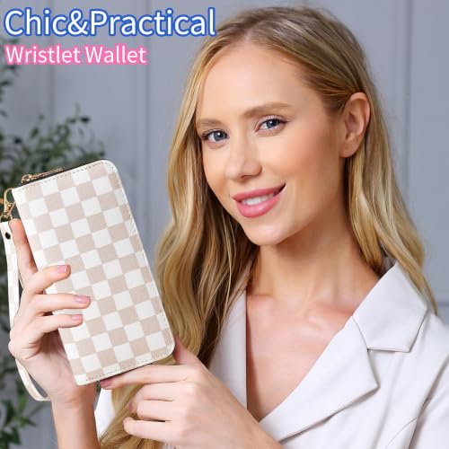 Image of Beige Checkered Wallet for Women, Zip Around Wristlet Wallet