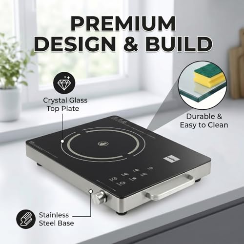 Image of CELLO Blazing Heat Max Infrared Cooktop Stove 2200W Black | Crystal Glass Top Plate, Digital Display, Sensor Touch Controls, 4 Preset Menu & 4KV Surge Protection | For Frying Boiling | 1 Year Warranty