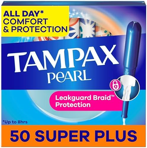 Tampax Pearl Tampons for Women, with LeakGuard Braid, Super Plus Absorbency, Unscented, 50 Count.