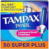 Tampax Pearl Tampons for Women, with LeakGuard Braid, Super Plus Absorbency, Unscented, 50 Count