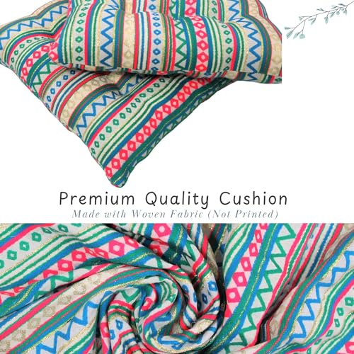 Image of Pack of 2 Washable Reversible Woven Boho Green Seat Cushions with Micro Fiber Filler & Ties for Chair, Floor Sitting, Pooja, Dining Table, Outdoor, Size 16 x 16 Inches | 40 x 40 cm