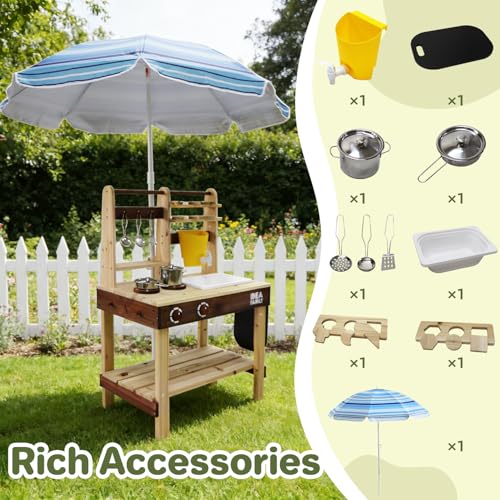 Image of Wooden Mud Kitchen, 7 in 1 Outdoor Pretend Play Kitchen with Umbrella,Removable Sink & Chalkboard, Cooking Accessories, Backyard Pretend Toy for Kids Aged 3-8