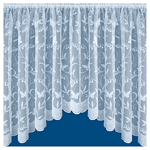 Tyrone Textiles Hawaii White Butterfly Jardiniere Net Curtain – Scalloped Base – Floral Lace – Rod Pocket – Width 254cm x Drop 91cm – Decorative Sheer Panel for Kitchen, Living Room or Conservatory