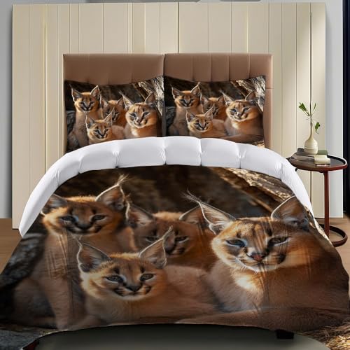 Housse de Couette 200 x 200 cm Un Groupe de Petits caracals Parure de Lit Enfant Ado 3 Pièces Or Imprimé 3D Microfibre avec 2 Taies d’Oreiller 65x65 cm