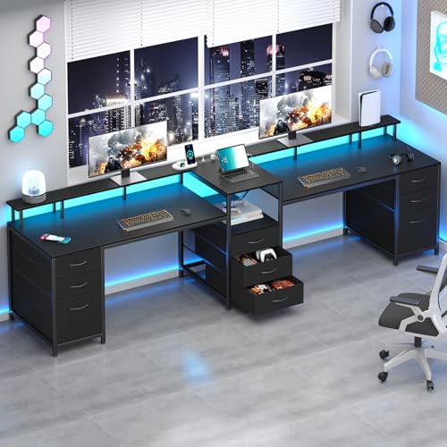 YOMILUVE 98.4 Long Computer Desk with 9 Drawers 2 Person Gaming Desk with LED Lights & Power Outlet Two Person Home Office Desk with Storage Printer Shelf Monitor Stand Black