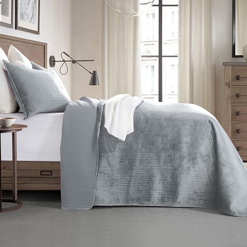 Elegant Comfort Luxury 3-Piece Velvet Corduroy Stripe Quilt Set, Ultra Soft Bedspread - Cozy Velvet Coverlet Set - 3PC Medium Weight Quilted Set with Matching Pillow Shams, Full, Gray