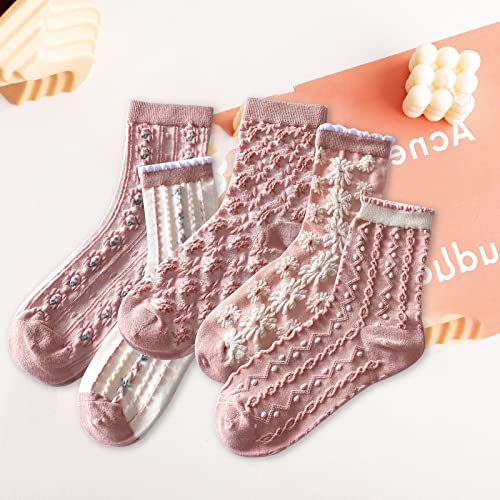 Image of 5 Pack Cute Womens Floral Socks, Vintage Embroidered Frilly Floral Ankle Cotton Cottagecore Socks