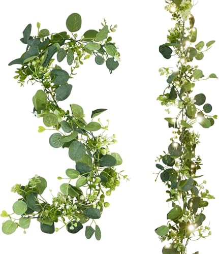 CECOMBINE 2PCS 6Ft Artificial Eucalyptus Garland with Lights Faux Greenery Vines with White Flowers and 60 LED Fairy String Lights Artificial Garlands for Home Decoration Table Runner Hanging Decor