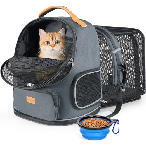 Morpilot ペットキャリー バッグ 4way ショルダー 中・大型猫・小型犬・うさぎ用 リュック 折りたたみ 変形しない 通気性 臭気がない 引っ掻き傷に強い 車載/ドライブ/キャンピング/旅行/通院/災害避難用 ペットバッグ (マット/飛び出し防止リード/猫食器付き)ALL (リュック バッグ-拡張可能)の商品画像（Amazon）