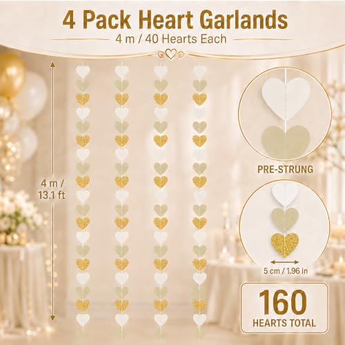 Image of Engagement Party Decorations - White Gold Champagne Heart Streamers Garland