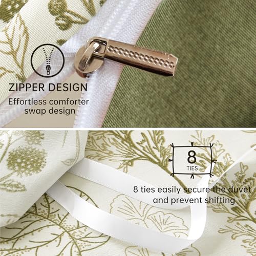 Image of BOLINLIVING Floral Duvet Cover Full Size, Green Botanical Duvet Cover Set with 2 Pillowcases, Breathable Soft Microfiber Bedding Set for All Season with Zipper Closure and 8 Corner Ties