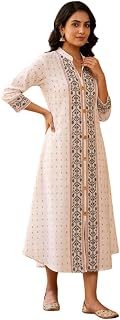 Women's Red Jamdani Work One Piece, A-Line One Piece with Collar Neck, 3/4 Sleeves, Cotton, Festive Ethnic Dress Price In India