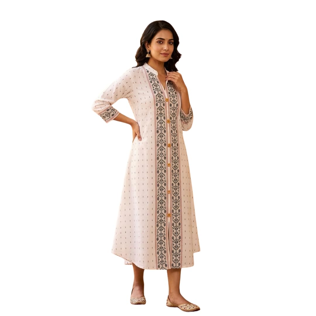 Women's Red Jamdani Work One Piece, A-Line One Piece with Collar Neck, 3/4 Sleeves, Cotton, Festive Ethnic Dress - Review, Price and Buying Guide