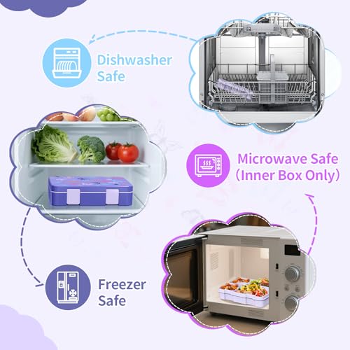 Image of Bento Lunch Box for Kids, Leak-Proof 5-Compartment Cute Lunchbox for Boys Girls, Drop-Proof, Food Container Microwave & Dishwasher Safe, Back to School Supplies for Ages 3 to 7, Purple /Butterfly