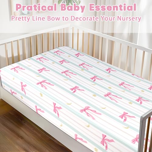 Image of Crib Sheet for Baby Girls Boys, Fitted Crib Sheet Neutral for Standard Crib and Toddler Mattress, Soft and Comfortable Microfiber Baby Mattress Sheet 52 inch X 28 inch Line Bow
