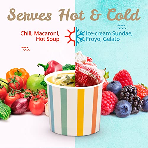 Image of MATICAN Paper Ice Cream Cups, 100-Count 11-Oz Disposable Dessert, Snack Bowls for Hot or Cold Food, 11-Ounce Party Supplies Treat Cups for Sundae, Frozen Yogurt, Soup, Pastel Stripes