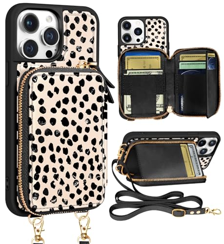Shorogyt for iPhone 13 Pro Max Case Wallet Crossbody, RFID Blocking Card Holder Slots Designer Black Spots Leather Handbag Purse Phone Cases with Lanyard for iPhone 13 Promax