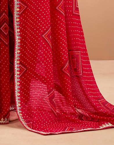 Image of SIRIL Women's Georgette Bandhani Printed, Embroidery Lace Saree With Unstitched Blouse Piece