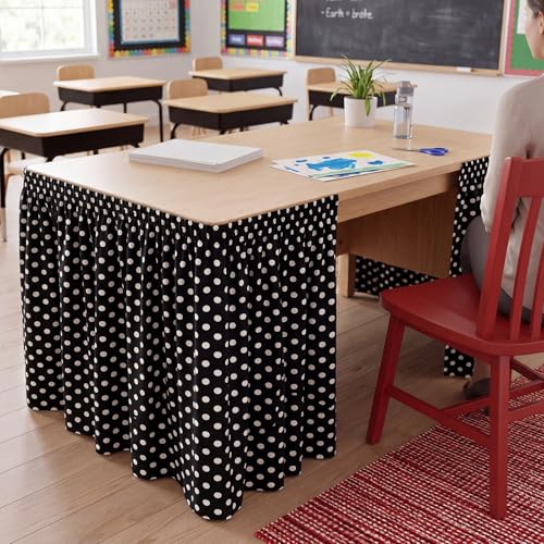 Image of Oudain 9 ft Black and White Polka Dots Table Skirt Cloths for Teacher Desk Boho Wrinkle Polka Dots Table Cover Skirt for Kindergarten Classroom Kidney Shaped Desk Back to School Supplies