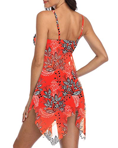 Temptme Womens Pink Mesh Flowy Tankini Floral Swimdress Two Piece Swimsuits Swim Dress with Boyshort