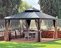 PURPLE LEAF 12' X 14' Outdoor Hardtop Gazebo Permanent Outside Heavy Duty Sun Shade Deck Canopy for Patio All Weather Aluminum Metal Roof Backyard Pavilion with Netting and Curtains