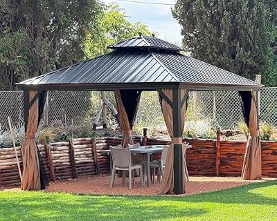 PURPLE LEAF 12' X 14' Outdoor Hardtop Gazebo Permanent Outside Heavy Duty Sun Shade Deck Canopy for Patio All Weather Aluminum Metal Roof Backyard Pavilion with Netting and Curtains