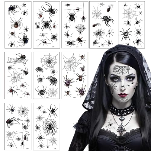 10 Blätt Spinnen Halloween Tattoo Gesicht - Spinnentattoos Gesichtstattoo Karneval Make Up für Fasching Erwachsene Damen Kinder, Spinnennetz Temporäre Tattoos Schminke