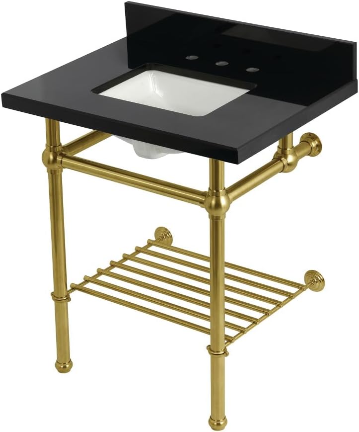 Kingston Brass KVPK30KBSQB7 Templeton 30" Console Sink with Brass Legs (8-Inch, 3 Hole), Black Granite/Brushed Brass