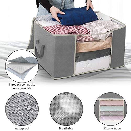GEEDIAR Foldable Clothes Storage Bags,Set of 4 Large Capacity Closet Organizer with Zipper,Clothing Storage Containers with Reinforced Handle,Good for Comforters,Blankets,Clothes,Bedding,90L,Grey - Thumbnail 4