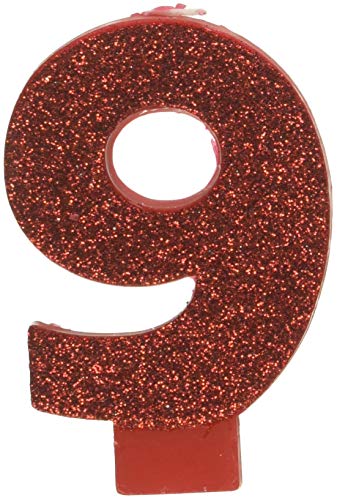 Amscan Birthday Celebration, Numeral #9 Glitter Candle, Party Supplies, Red, 3 1/4"