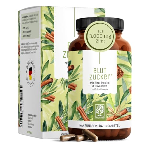NATURTREU Blutzucker Komplex* mit Chrom Ceylon-Zimt Myo-Inositol Olivenblatt und Zink - zur Unterstützung des Zuckerspiegels * perfekte Alternative zu Berberin - 90 Kapseln hochdosiert vegan