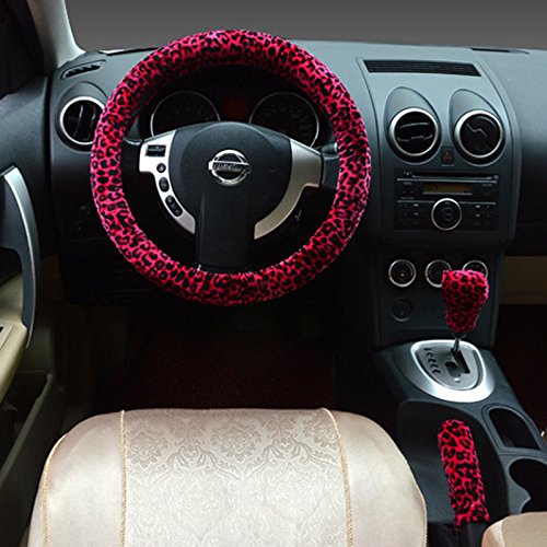 Set 3 Pezzi Fodera Volante Leopardo – Copertura Invernale Per Volante, Freno A Mano E Leva Cambio, 36-39 Cm, Peluche