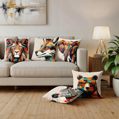 Image of Ultimate Trends Digital Printed Soft Cotton Feel Polyester Decorative Cushion Cover, Modern Eligent Designs, Heavy Long Life Fabric,18 inch X 18 inch Set of 5,Multicolor Animal