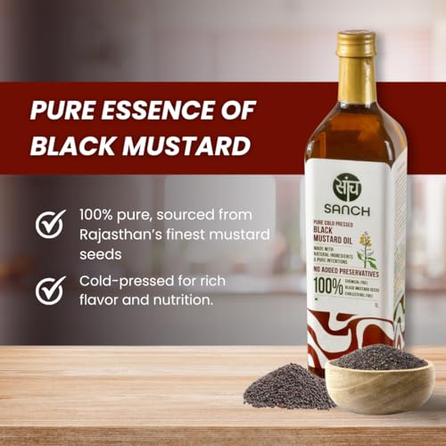 Image of Sanch Cold Pressed Black Mustard Oil 1 Litre | Kacchi Ghani Sarson Oil | Sarso Ka Tel | Rich in Omega-3 | Natural Aroma and Flavour | Suitable for Daily Cooking & Deep Frying |1L Plastic Bottle