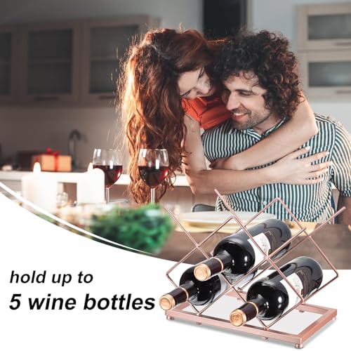 Image of uxcell Countertop Wine Rack, Tabletop Wine Bottle Holder for Up to 5 Standard Bottles, Freestanding Wine Rack for Wine Cellar Bar Cabinet, Rose Gold