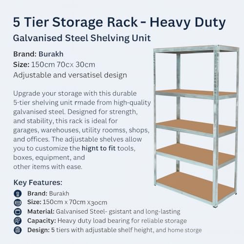 5 Tier Storage Rack Heavy Duty Shelving Galvanised Steel Garage Shelves | Heavy Duty Shed Storage Racking Shelf | For Warehouse, For Workshop | For Office (Silver, 150cm x 70cm x 30cm, Pack of 1) - Image 6
