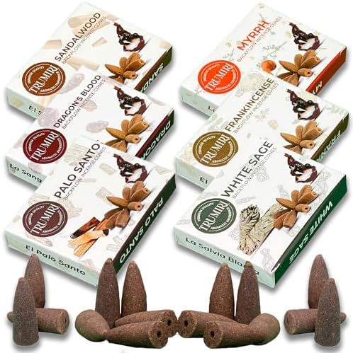 Trumiri Woody Backflow Incense Cones – Variety Pack – Total 60 Incense Cones Waterfall (6 Scents X 10 Conos) – White Sage, Palo Santo, Dragons Blood, Sandalwood – Incense Backflow Cones