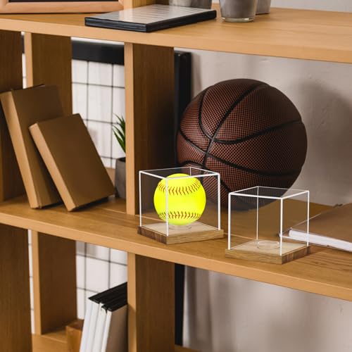 Image of Hooqict 2Pcs Softball Display Case Clear Acrylic Ball Holder with Wood Base Stand UV Protected Championship Softball Box Memorabilia Sports Ball Golf Ball Tennis Ball Baseball Display Case