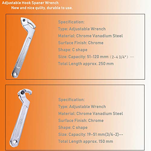 Adjustable C Spanner Hook Wrench Tool, Chrome Vanadium 3/4-2"(19-51Mm)+2-4 3/4"(51-121Mm) Spanner Set-Used to Tighten Side Slot Nuts on Collars, Lock Nuts and Bearings Collets - Image 3