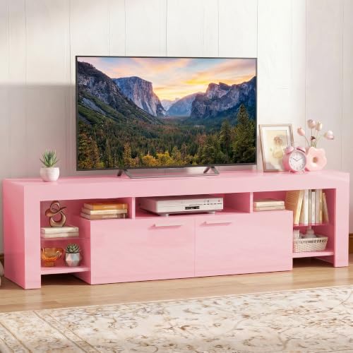EAG 63 Pink TV Stand for TVs Up to 75 Modern Entertainment Center with Storage Cabinets and 4 Open Shelves High Gloss Media TV Console for Living Room Bedroom