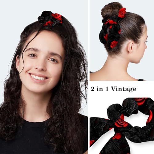 Image of Red Blooming Rose Flowers Black Working Cap with Scrunchy and Ribbon Tie for Women, Long Hair