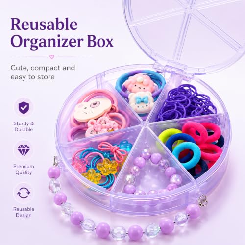 Image of Hair Accessories for Kids Girls | Purple Beaded Handle Box with Character Hair Ties, Rubber Bands & Beads | Hair Accessories for Baby Girl | Cute Hair Ties Set for Kids | Mixed Designs
