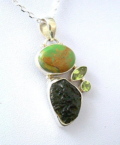 Amazing Tones of Green! Natural CZECH MOLDAVITE Tektite and Genuine Lemon-Green Turquoise and Peridot Gemstones, 925 Sterling Silver Pendant with FREE Sterling Silver Chain.